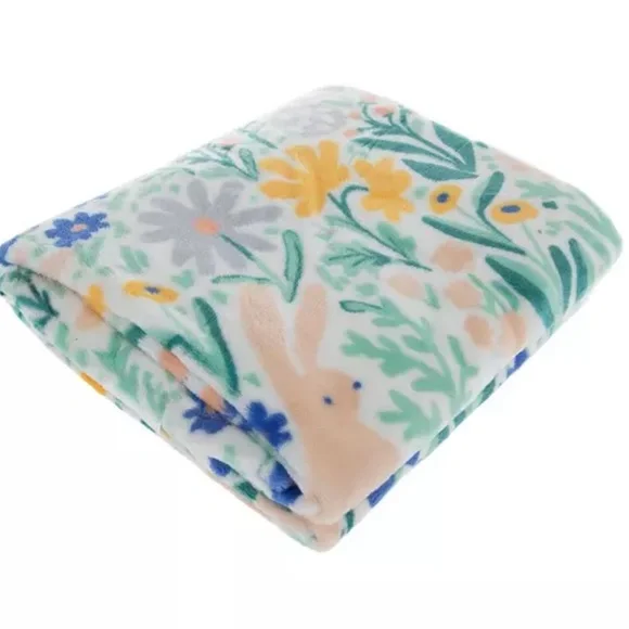 Floral & Bunny Plush Throw Blanket - White, Green, Yellow - Picture 1 of 3